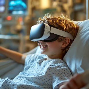 Kid in hospital bed with VR headset
